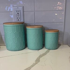 Turquoise Hexagon Ceramic Canister Set with Wooden Lids